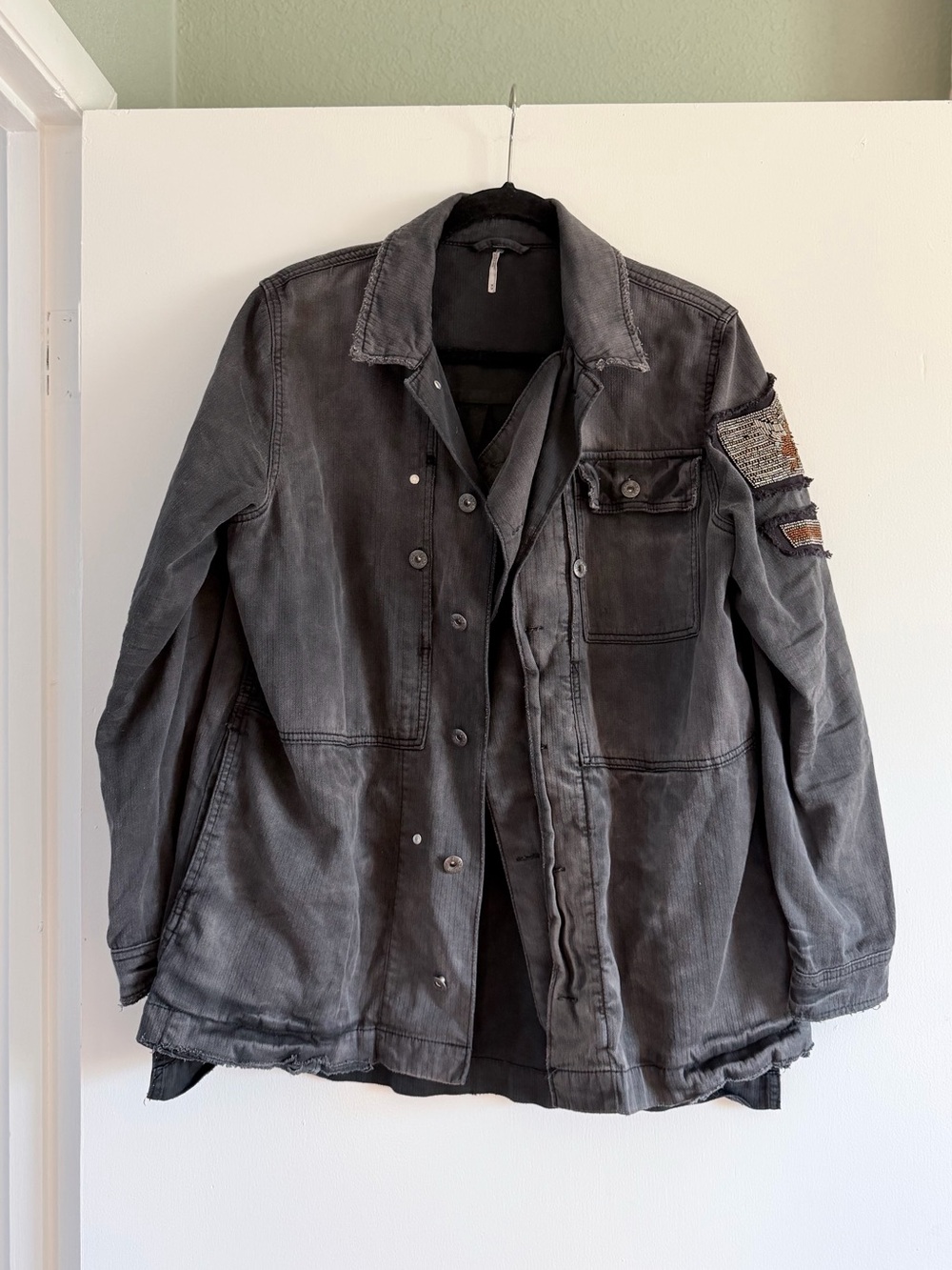 Free People Embellished Military Shirt Jacket Washed Black Beaded Eagle M